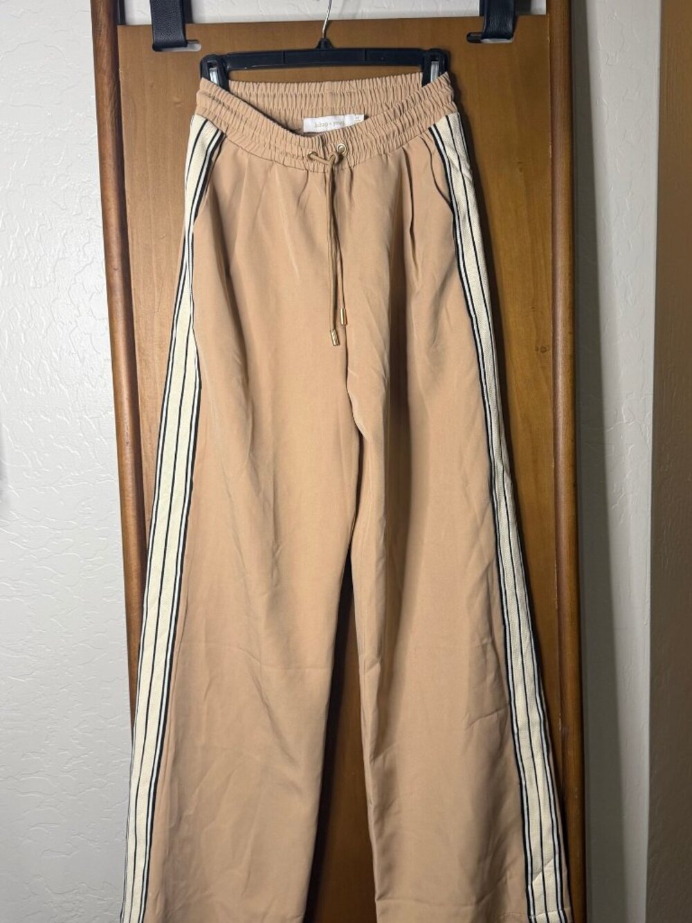 Bishop + Young Tan Side-Stripe Wide-Leg Drawstring Pants XS